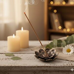 NEW Bronze Lotus Blossom Incense Holder - Copper Alloy Zen Floral Burner